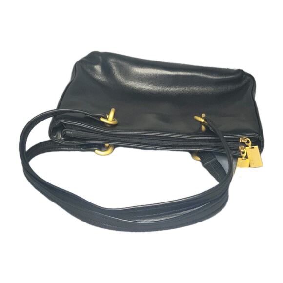 Vintage Tignanello Shoulder Bag Black Smooth All Leather Gold Ring Accents Chic - Picture 6 of 9